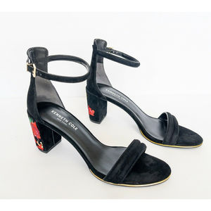 KENNETH COLE NY Lisa Suede Black Embroidered Floral Heels Size 9.5